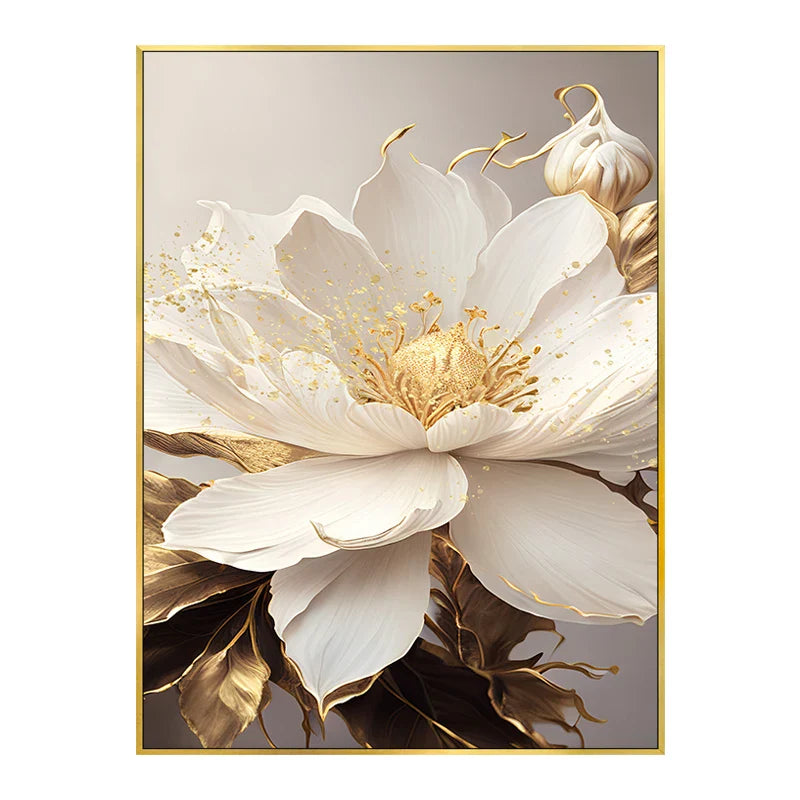 Big Golden White Petal Floral Canvas Wall Art Unframed