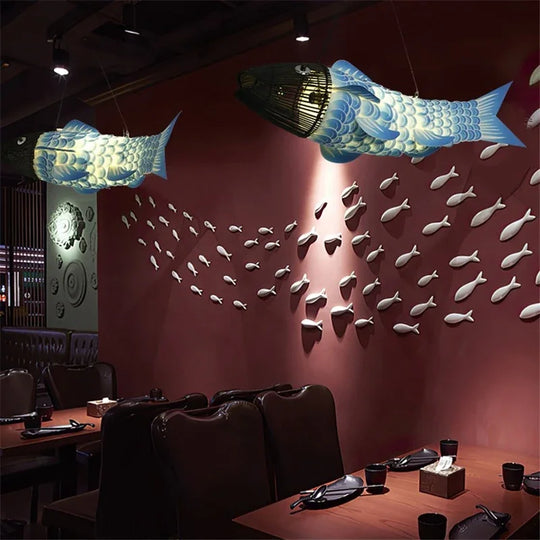 Modern Wooden Big Fish Pendant Light with Bamboo Design