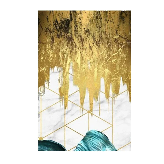 Abstract Liquid Golden Aqua Marble Canvas Wall Art Unframed