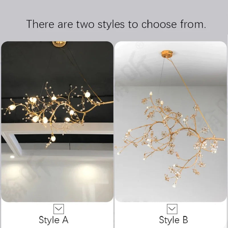 Nordic Modern Luxury Crystal Gold-Plated Branch Chandelier – LED Light