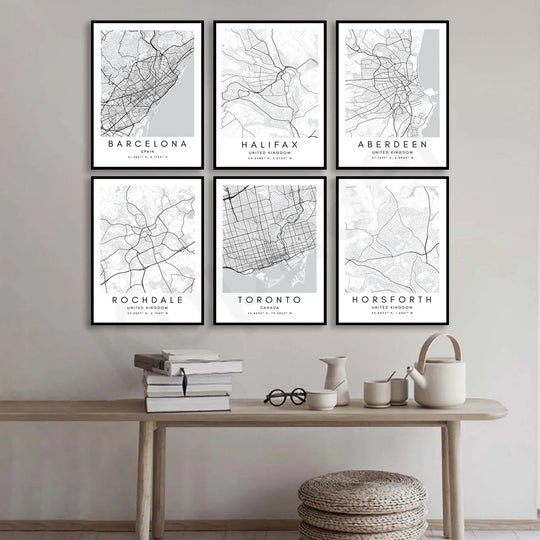 Minimalist Black White City Map Wall Art Canvas Print