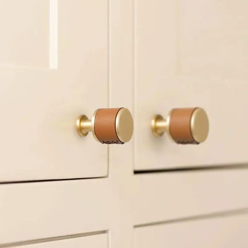 Brown and Black Leather Handles – Brass Knurled Pulls and Knobs for Furniture