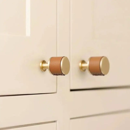 Brown and Black Leather Handles – Brass Knurled Pulls and Knobs for Furniture