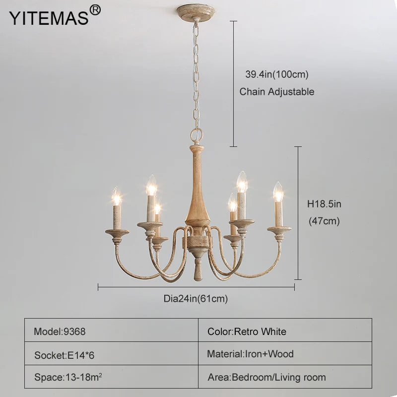 French Vintage Wooden Chandelier – Multi-Light Pendant for Living & Dining Rooms