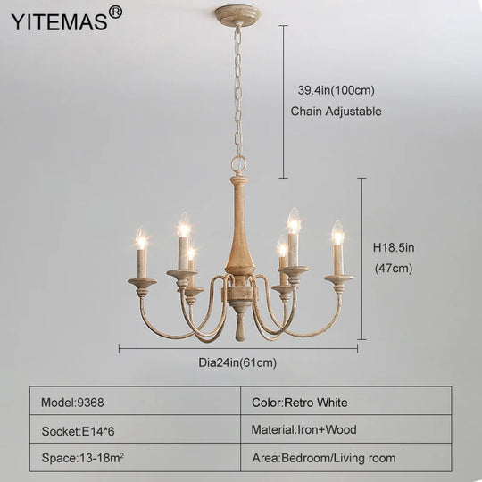 French Vintage Wooden Chandelier – Multi-Light Pendant for Living & Dining Rooms