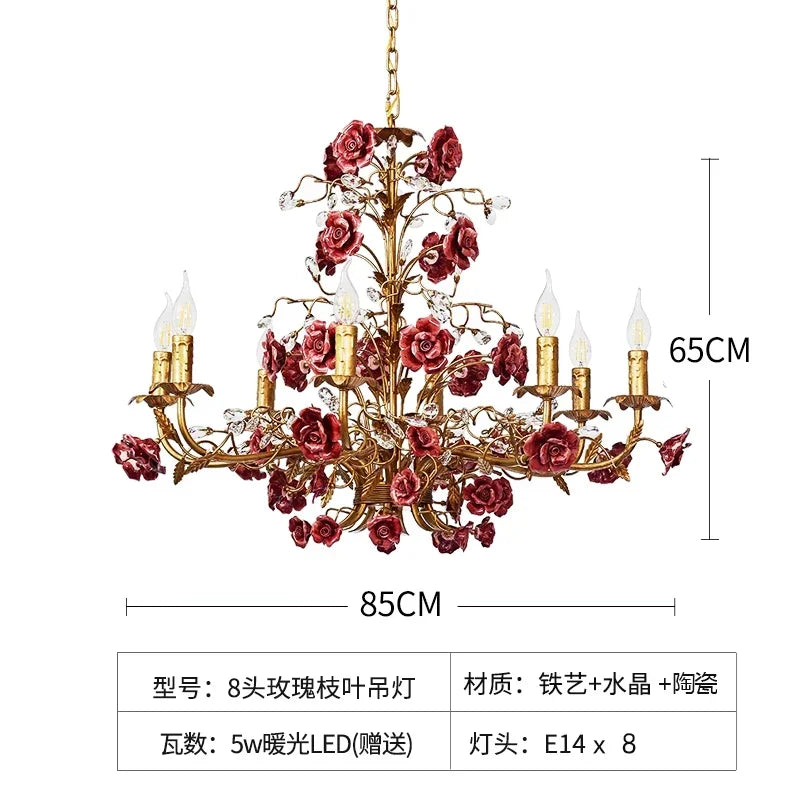 French Retro Pastoral Rose Ceiling Chandelier – Candle Style Lighting