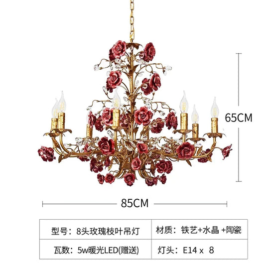 French Retro Pastoral Rose Ceiling Chandelier – Candle Style Lighting
