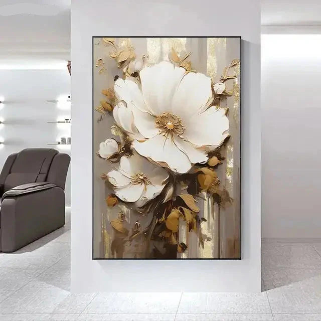 Big White Floral Canvas Wall Art Modern Botanical Decor