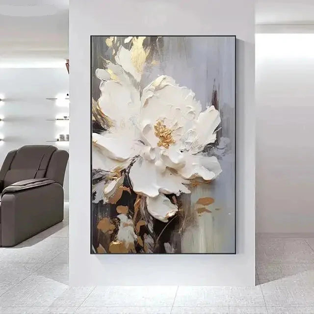Big White Floral Canvas Wall Art Modern Botanical Decor