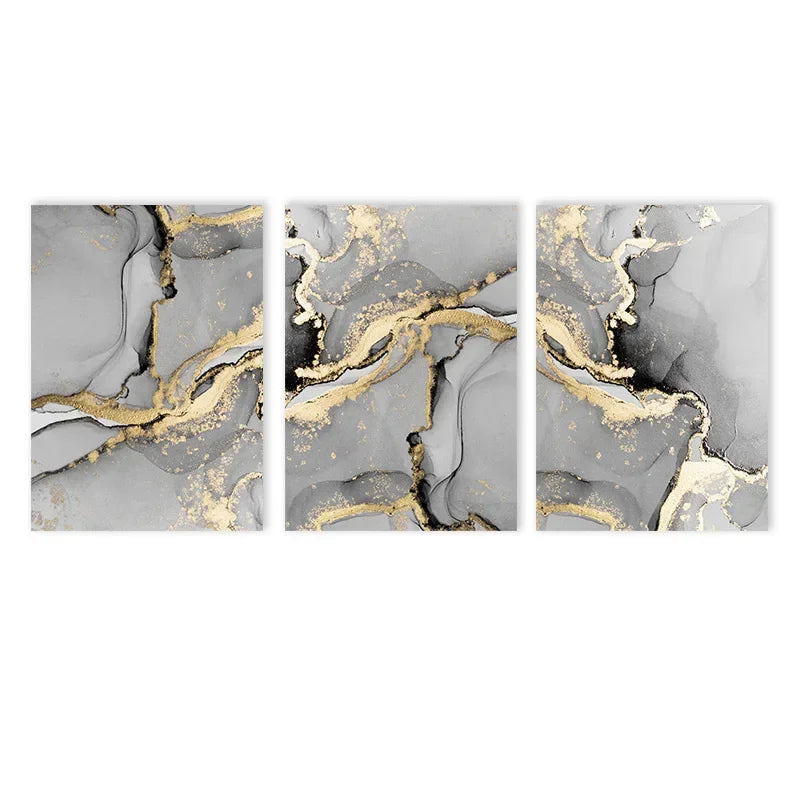 Chic Golden Grey Marble Abstract Canvas Wall Art Set of 3