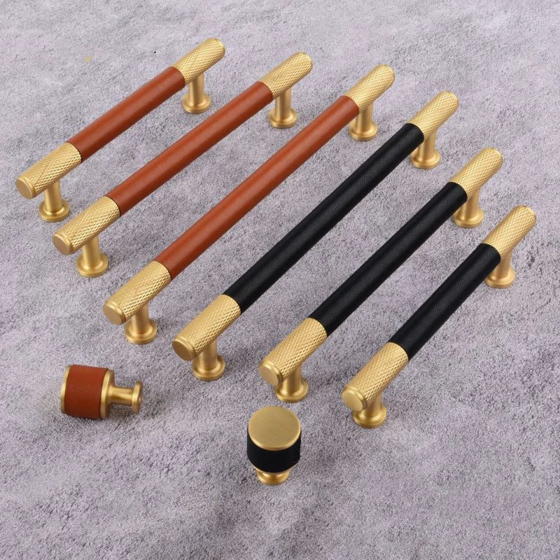 Brown and Black Leather Handles – Brass Knurled Pulls and Knobs for Furniture