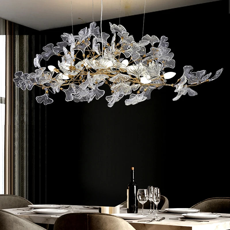 Glass Ginkgo Leaf Chandelier with Gold Branch Frame