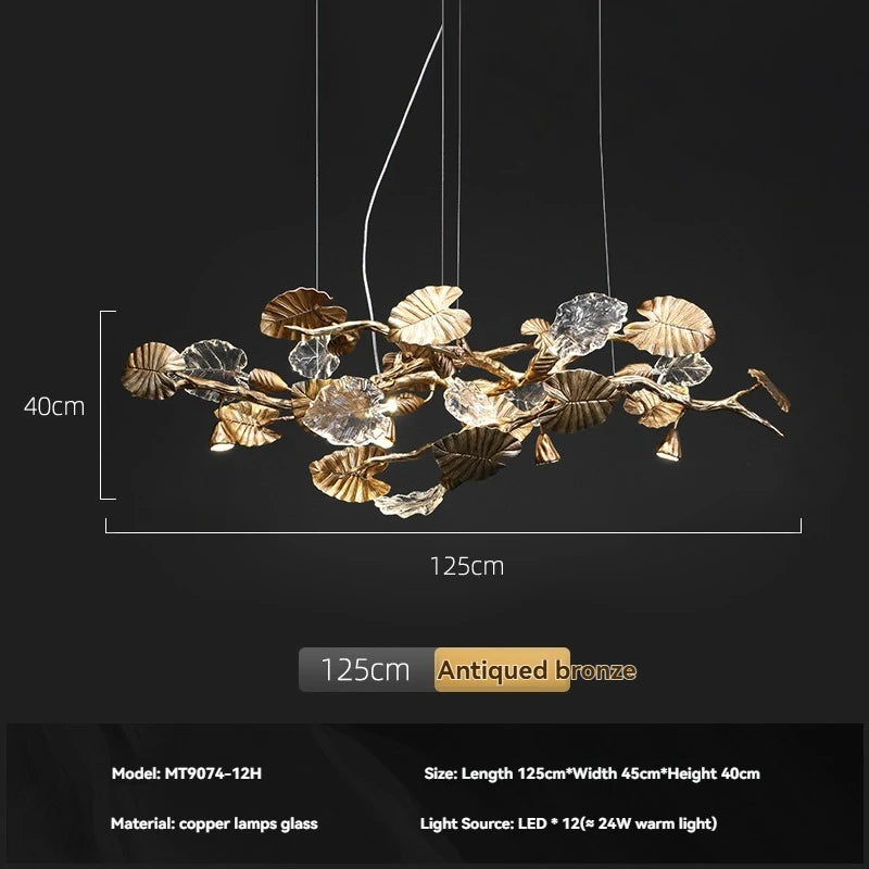 Luxury Copper Branch Chandelier with Leaf Crystal Pendant Lights