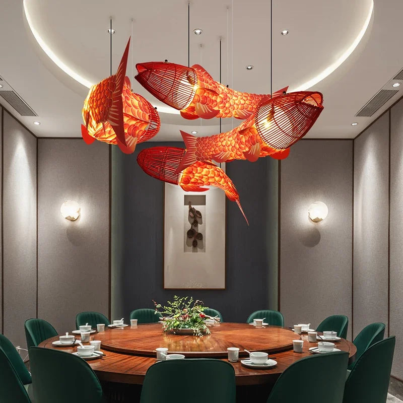 Modern Wooden Big Fish Pendant Light with Bamboo Design