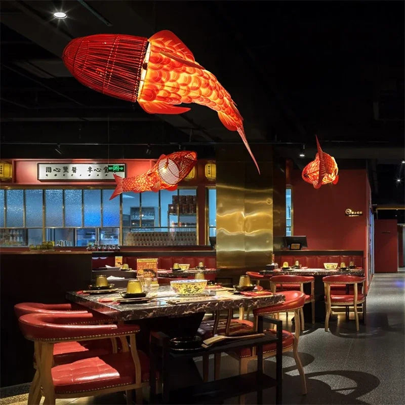 Modern Wooden Big Fish Pendant Light with Bamboo Design
