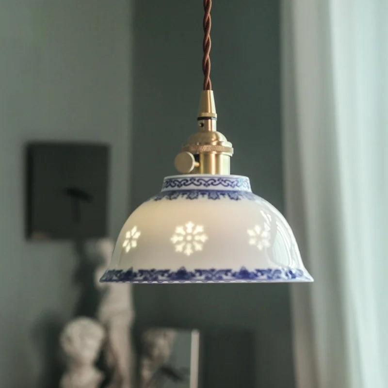 Patterned Ceramic Pendant Lamp with Vintage Copper Finish