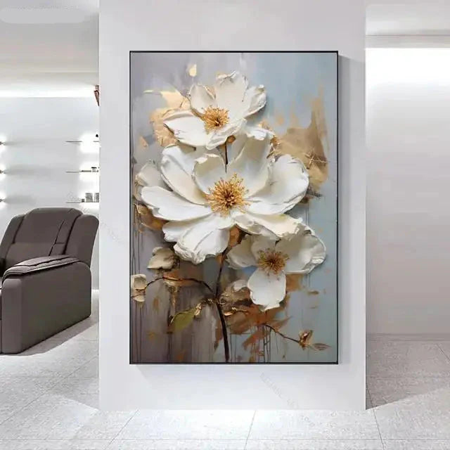 Big White Floral Canvas Wall Art Modern Botanical Decor