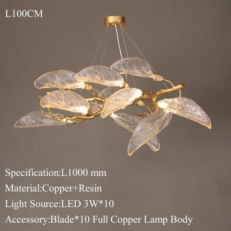 Luxury Copper Branch Chandelier with Artistic Resin Leaves