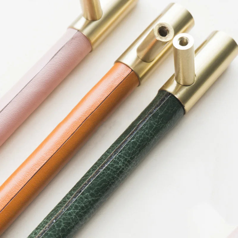 Solid Brass and Leather Cabinet Handles – Customizable in 15 Leather Colors