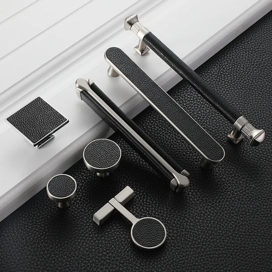 Modern Leather and Zinc Alloy Cabinet Handle – Elegant Pulls for Kitchen, Wardrobe, and Furniture (96mm)