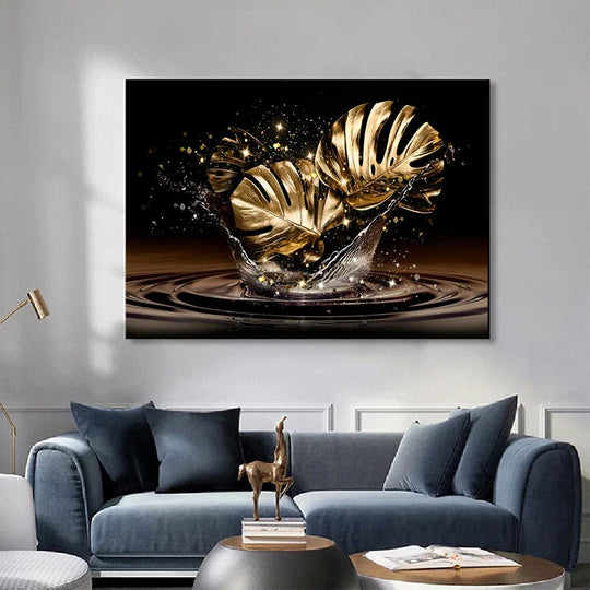 Black Golden Leaves Abstract Botanical Canvas Wall Art Unframed