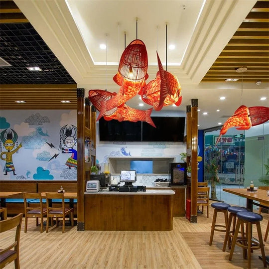 Modern Wooden Big Fish Pendant Light with Bamboo Design