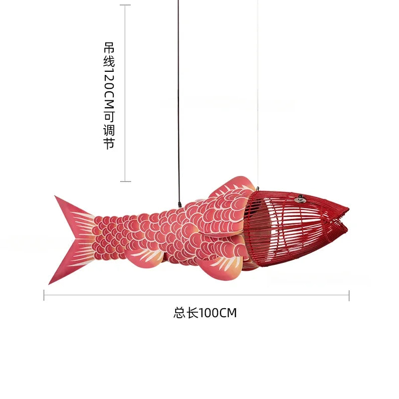 Modern Wooden Big Fish Pendant Light with Bamboo Design
