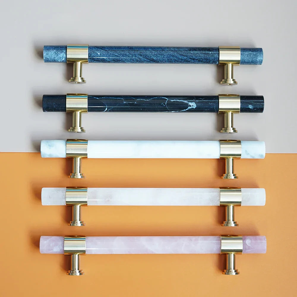 Natural Marble and Crystal T-Bar Cabinet Handles – Modern Brass Knobs and Pulls