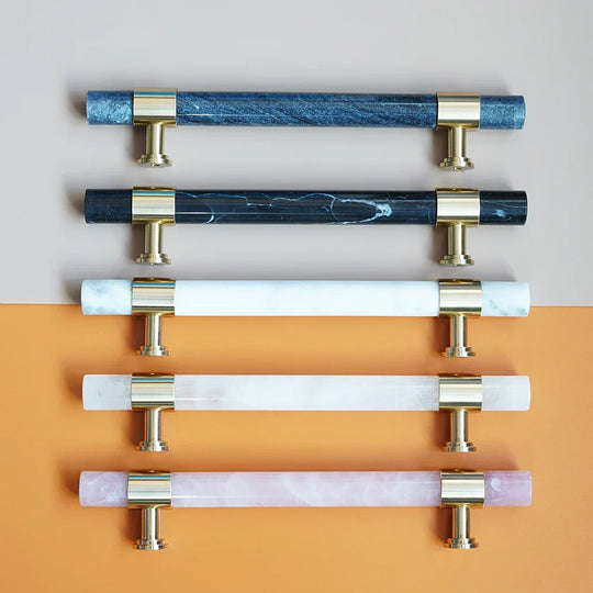 Natural Marble and Crystal T-Bar Cabinet Handles – Modern Brass Knobs and Pulls