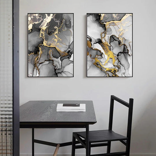 Black Gold Grey Marble Canvas Wall Art – Set of 3 (Unframed)