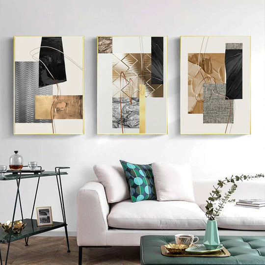 Golden Geometric Textural Montage Abstract Canvas Wall Art Unframed