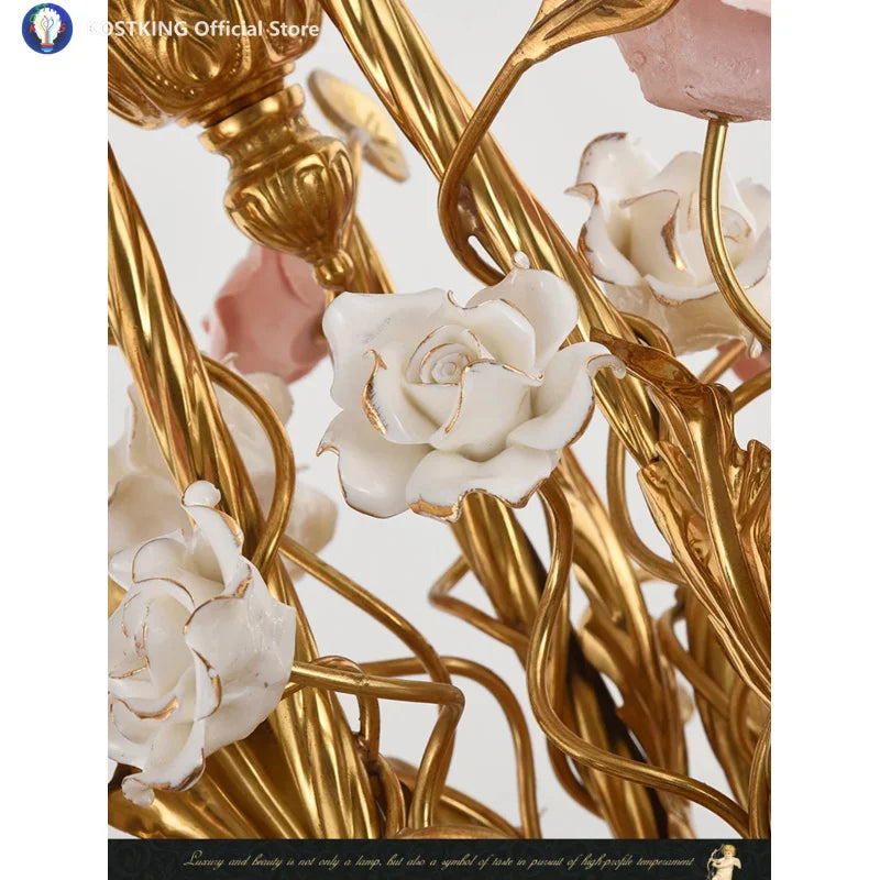 French Full Brass Ceramic Chandelier – European Vintage Luxury Pendant