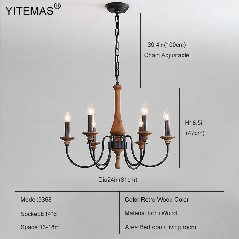 French Vintage Wooden Chandelier – Multi-Light Pendant for Living & Dining Rooms
