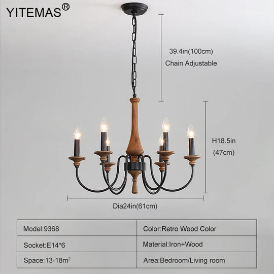 French Vintage Wooden Chandelier – Multi-Light Pendant for Living & Dining Rooms