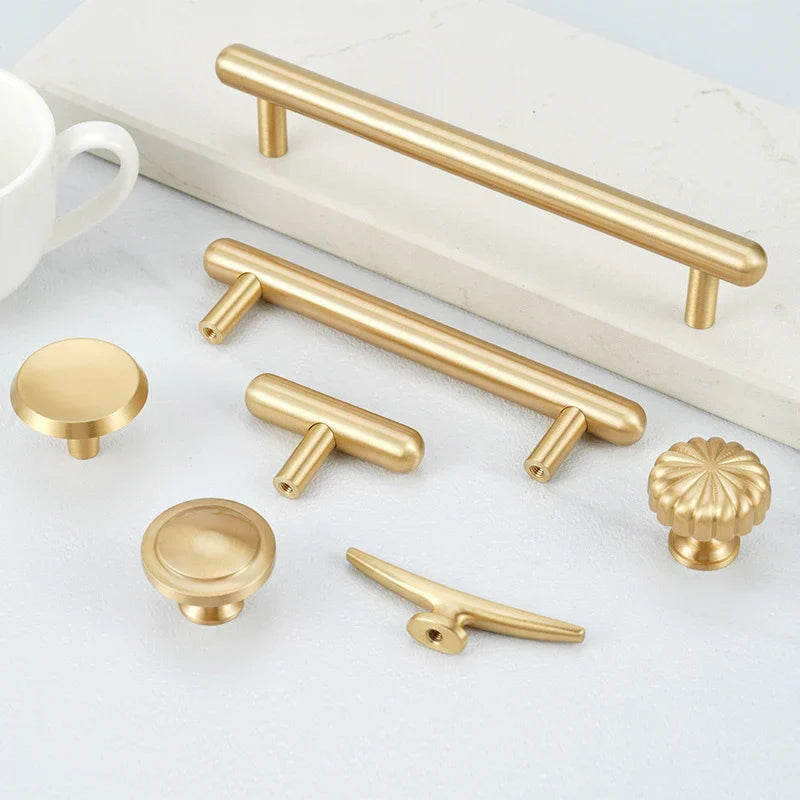 Satin Gold Brass Wardrobe Handles – Modern Pulls and Knobs for Furniture (50–260mm)