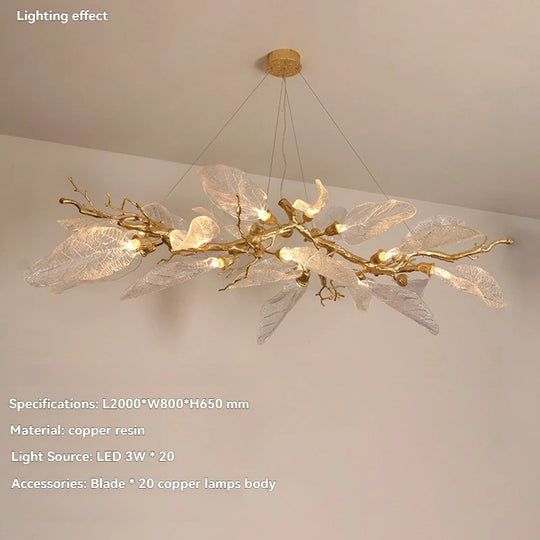 Luxury Copper Branch Chandelier with Artistic Resin Leaves