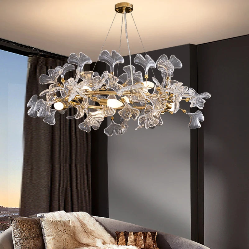 Glass Ginkgo Leaf Chandelier with Gold Branch Frame
