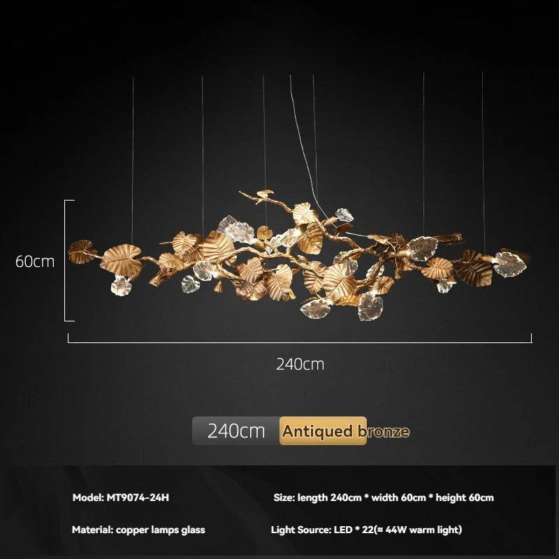 Luxury Copper Branch Chandelier with Leaf Crystal Pendant Lights
