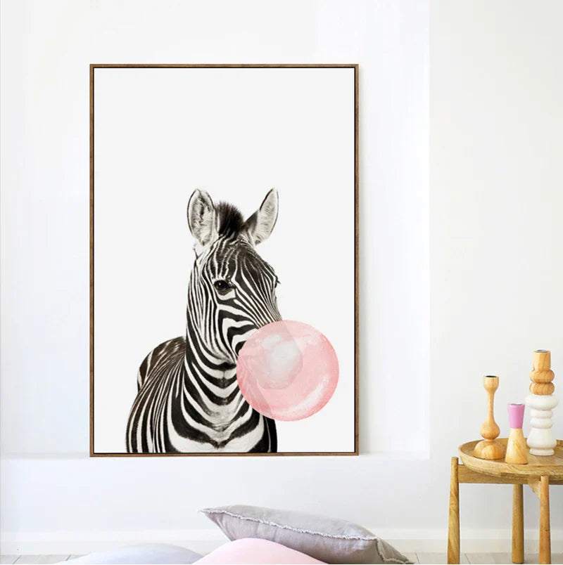 Baby Animals Pink Bubble Gum Nursery Canvas Wall Art