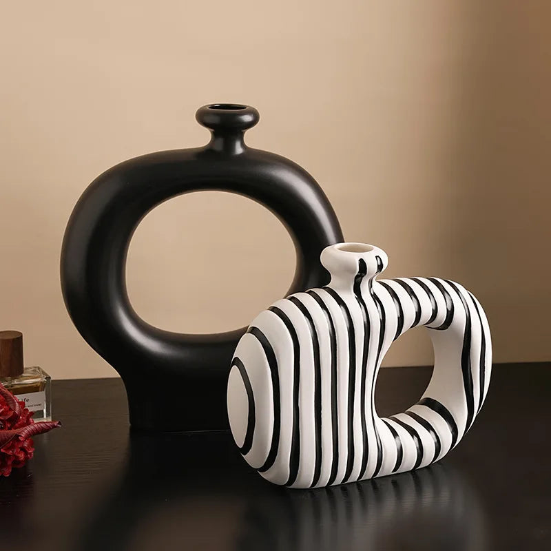 Retro Black and White Striped Ceramic Vase for Living Room Decor