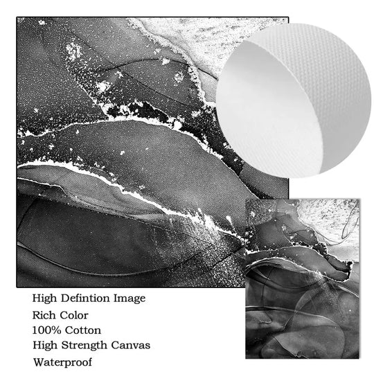 Black White Gray Liquid Marble Abstract Canvas Wall Art Set of 3