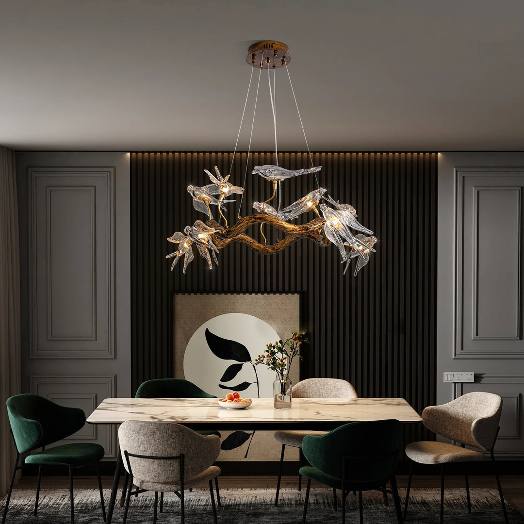 Vintage Round Glass Bird Branch Chandelier for Dining & Living Rooms