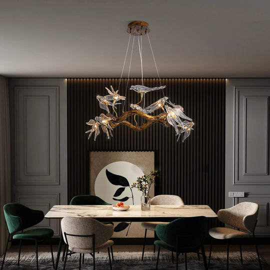 Vintage Round Glass Bird Branch Chandelier for Dining & Living Rooms