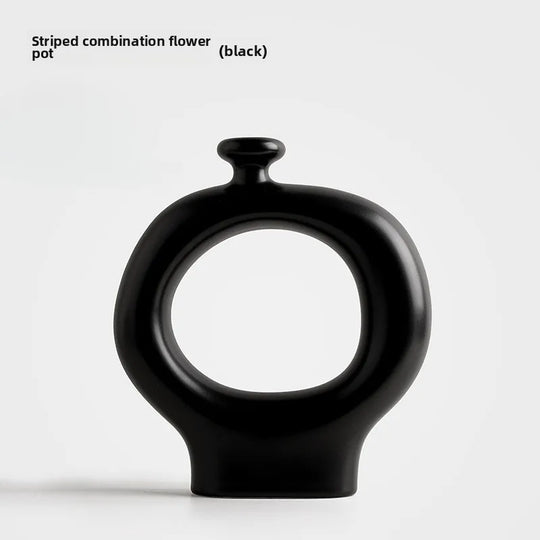 Retro Black and White Striped Ceramic Vase for Living Room Decor