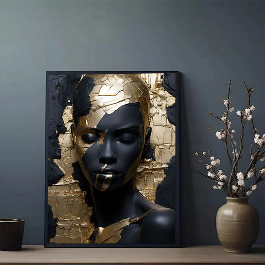 Abstract Black Golden Woman Portrait Canvas Wall Art