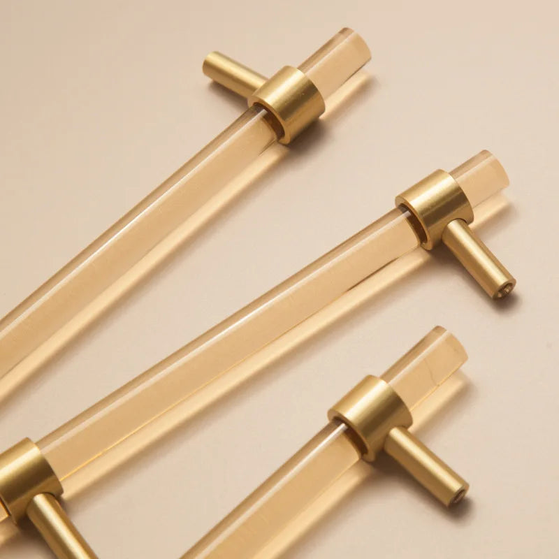 Champagne Acrylic and Brass Cupboard Handles – Modern T-Bar Pulls for Furniture
