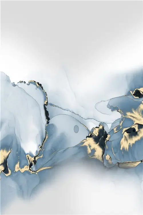 Set of 3 Blue Liquid Gold Marble Botanical Canvas Wall Art