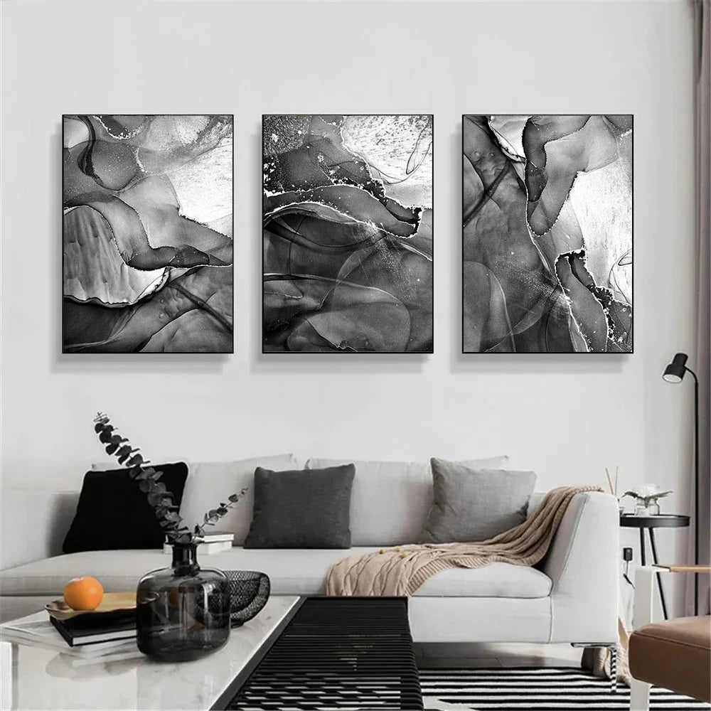 Black White Gray Liquid Marble Abstract Canvas Wall Art Set of 3