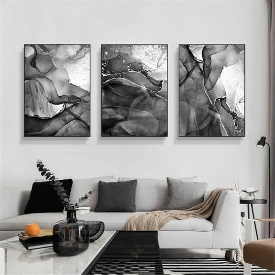 Black White Gray Liquid Marble Abstract Canvas Wall Art Set of 3