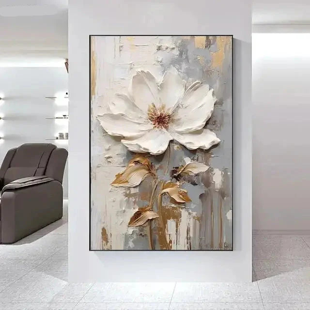 Big White Floral Canvas Wall Art Modern Botanical Decor